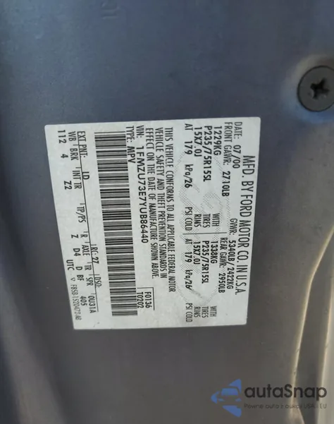 2000 Ford Explorer Xlt из США, поврежденный, VIN 1FMZU73E7YUB86440